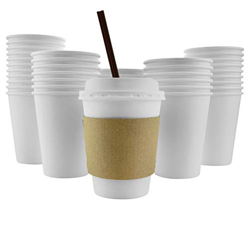 100 Pack - 12 Oz [16 Oz] [4 Colors] Disposable Hot Paper Coffee Cups, Lids, Sleeves, Stirring Straws - Deep Blue