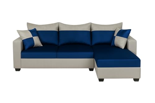 Image of FURNY Arissa 4 Seater Fabric RHS L Shape Sofa Set with Exta Cushions (Light Grey-Dark Blue) Premium Velvet Finish| Durable Comfort Ideal for Living Room