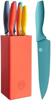 MasterChef Knife Block Set of 6 Kitchen Knives, Extra Sharp Stainless Steel Blades for Professional Cutting with Non Stick Coating & Soft Touch Easy Grip Handles in a Red Universal Block, Vivid Color