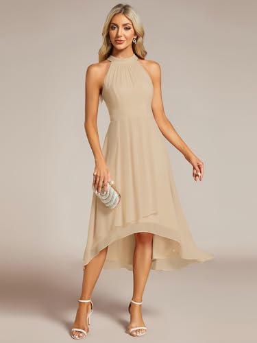 Image of Ever-Pretty Women's Halter Chiffon Midi Cocktail Wedding Guest Dress | High Low, Pleated, Summer Semi Formal Dress, Mother of the Bride Dress