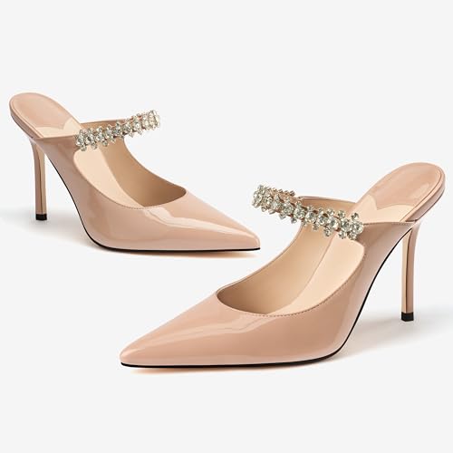MIRAAZZURRA Women Heeled Mules Rhinestone Strappy Pointed Toe Mules Stiletto High Heels Slip On Bridal Sandals for Women