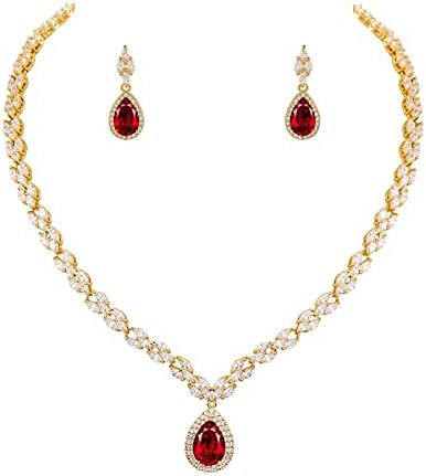 WeimanJewelry White Gold/Gold Plated Women Cubic Zirconia CZ Marquise Teardrop Bridal Tennis Necklace and Drop Earring Set for Wedding Brides (Gold tone-ruby cz)