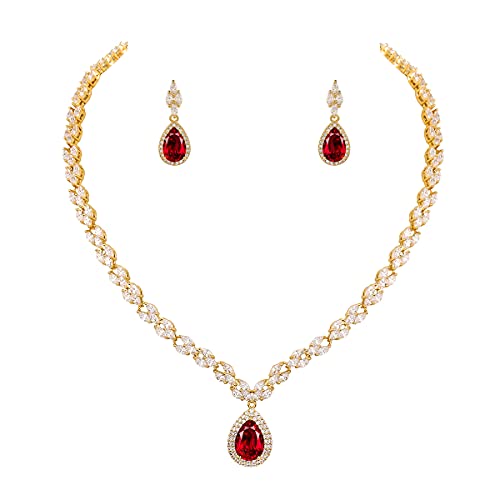WeimanJewelry White Gold/Gold Plated Women Cubic Zirconia CZ Marquise Teardrop Bridal Tennis Necklace and Drop Earring Set for Wedding Brides (Gold tone-ruby cz)