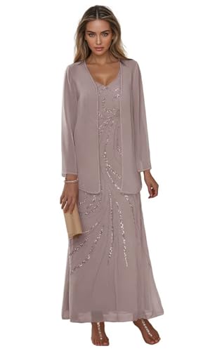 Taupe 2 Pieces Sequin Chiffon Mother of The Bride Dresses with Jacket Long Sleeves Formal Evening Wedding Guest Dress 16