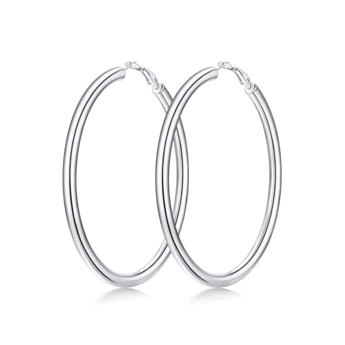 FaithHeart Chunky Hoop Earrings for Women, Silver/Black/14K Gold Plated Stainless Steel Earrings 5mm Thick Hollow Tube Hoops Hypoallergenic Lightweight Earring 20/30/40/50/60/70/80mm 80mm Si