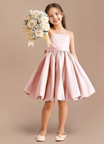 Satin Flower Girl Dress A Line Toddler Communion Princess Pageant Gown with Bow4