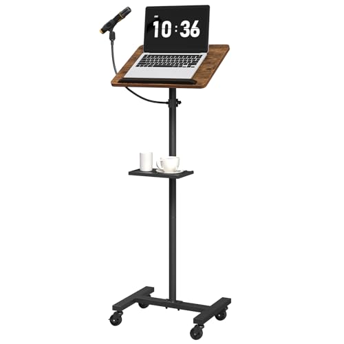 MAHANCRIS Podium Stand with Microphone Stand, Mobile Lectern and Laptop Desk with Storage Tray, 28.9-42.7 Inch Adjustable Height Portable Podium for Classroom, Conference Room, Rustic Brown LPHR4001 by MAHANCRIS - Used condition - US$47.59