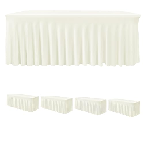 Image of HolidayIdeas Spandex Table Skirts for Rectangle Tables 4 Ft, Fitted Stretch Table Cover 24x48 Inch, Wrinkle-Free Ruffle Design Tablecloths for Banquets,Trade Shows, Parties, Events, 4 Pack, Beige