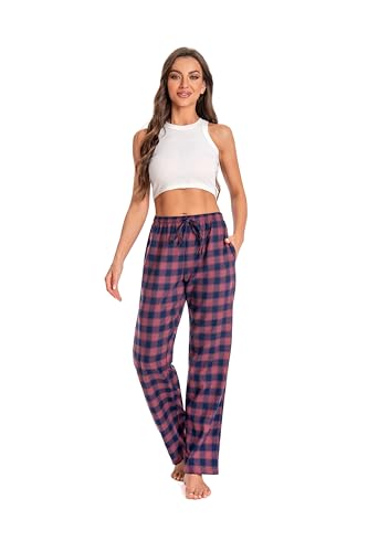 Women's Plaid 100% Cotton Loungewear Pyjama Pants Flannel/Poplin Nightwaer Trousers With Pockets.