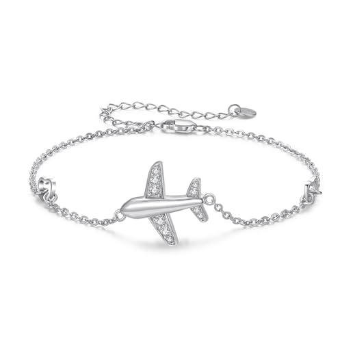 Airplane Bracelet 925 Sterling Silver Fly Plane Adjustable Charm Link Bracelets Statement Chain Airplane Airline Jewelry Gifts Souvenir for Women Stewardess Flight Attendants Pilots World Travel Flight