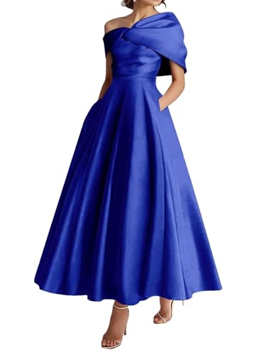 One Shoulder Tea Length Mother of The Bride Dresses with Pockets Satin Wedding Guest Dress MM002