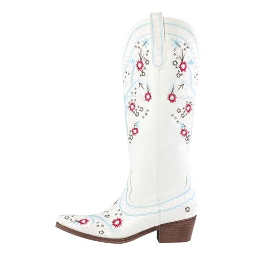 sexytag Women's Embroidered Western Cowboy Boots Floral Embroidery Cowgirl Boots Studded Pointed Toe Knee High Boots2
