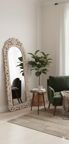 Image of Wooden Hand-Carved Mirror Frame, Full Length, Taj Look Design, Antique White, Wall Mounted, Without Mirror only frame For Bedroom Home Decor| Living Room | Wall Hanging size 24x48 inch