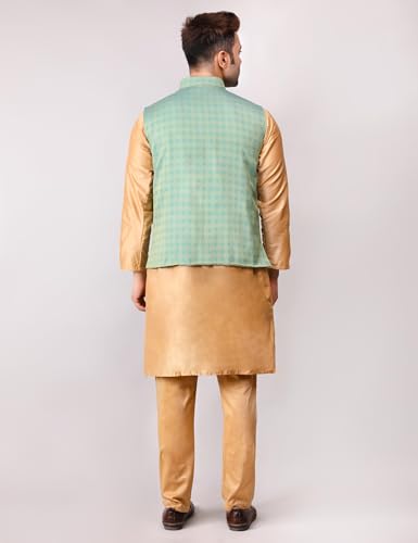 Image of Men's Cotton Silk Blend Regular Kurta Pyjama, Embroidered Nehru Jacket /Waistcoat Set