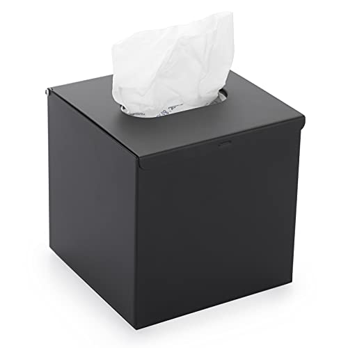 Sumnacon Square Tissue Box Cover - Stylish Cube Stainless Steel Tissue Box Holder, Modern Metal Facial Tissue Holder for Dresser Table Night Stand Bathroom Vanity Home Office Bar Wall Decor, Black