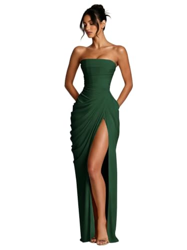 Verngo Strapless Corset Emerald Green Prom Dresses 2026 Long Chiffon Mermaid Bridesmaid Dresses Floor Length Formal Gown for Women with Slit US6