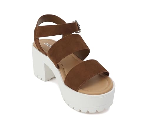Image of Soda ACCOUNT ~ Women Open Toe Two Bands Lug sole Fashion Block Heel Sandals with Adjustable Ankle Strap