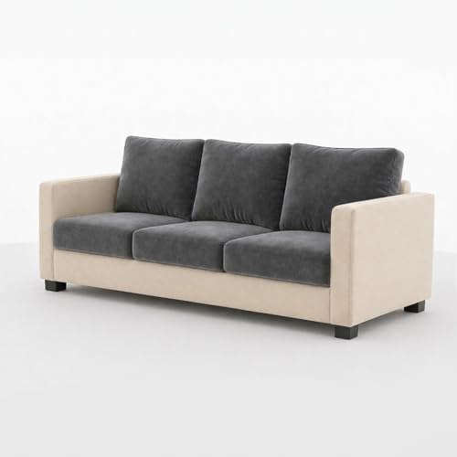 Image of FURNY Haster 3 Seater + 2 Seater Fabric Sofa Set with 1 Ottoman (Dark Grey-Cream) with Velvet Finish | Durable Comfort | Ideal for Living Room