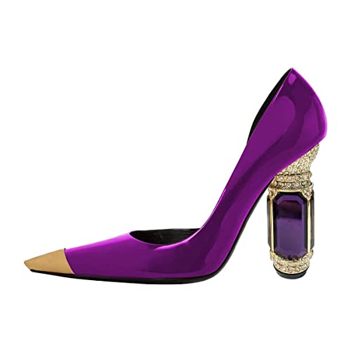 Fsj Women D'orsay Slip On Pumps Pointed Cap Toe Chunky Rhinestone High Heels Slip On Wedding Evening Shoe Size 8 Purple #TOP1