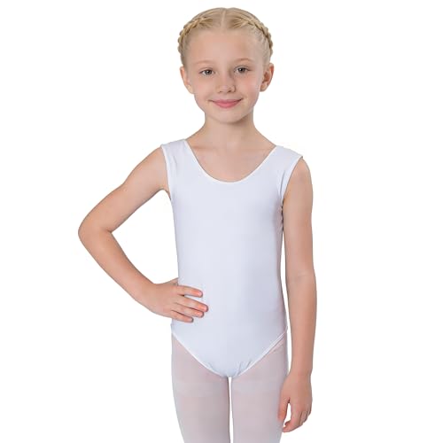 Wildarms Maillot de Ballet para Niñas sin Mangas, Leotardo de Danza Infantil para Gimnasia, Baile y Disfraces (Blanco, 4-6 años)