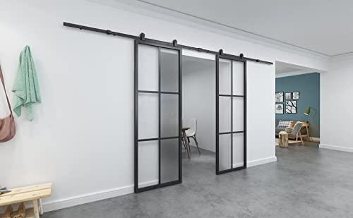 Barnsmith 60In X 84In Double Glass Barn Door With 13Ft Top Mounted Hardware Kit, Diy Modern Black Aluminum Tempered Frosted Glass Sliding Door, Assemble Required(2 * 30Inx 84In) #TOP6