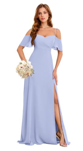 Image of Off The Shoulder Bridesmaid Dresses with Slit Long Chiffon Evening Gowns Lavender Formal Evening Dresses Plus Size US20W HGR93
