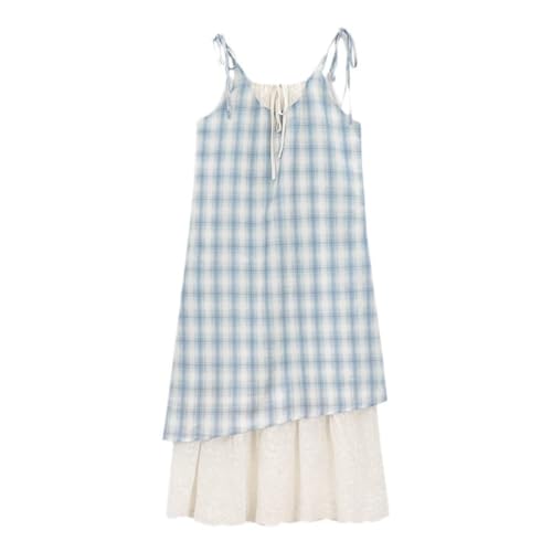 Cute Plaid Bow Vintage Spaghetti Dress Red Plaid Blue Plaid Dress for Women Backless Lace Dress for Women