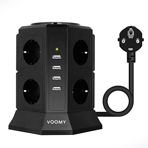 VOOMY 12-in-1 Steckdosenleiste mit USB, 8 Fach Steckdosen, Mehrfachsteckdose Tower mit 4 USB, Mehrfachstecker mit Überspannungsschutz und 2M Kabel, Steckdose mit Schalter für Büro, Zuhause Cover