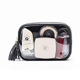 XIAOLER Clear Makeup Bag Organizer for Women, Double Sided Cosmetic Travel Bag with Dual Zippers,PU Leather Waterproof Travel Toiletry Bag Portable Make up Pouch for Home Office (Black, Medium)