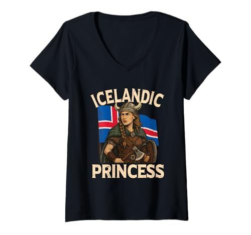 Womens Icelandic Princess Viking Woman Nordic Flag Iceland V-Neck T-Shirt
