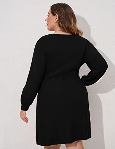 Image of Women's Plus Size Casual Sweater Dress Square Neck Long Lantern Sleeve Tie Waist Loose Pullover Sweater Dresses