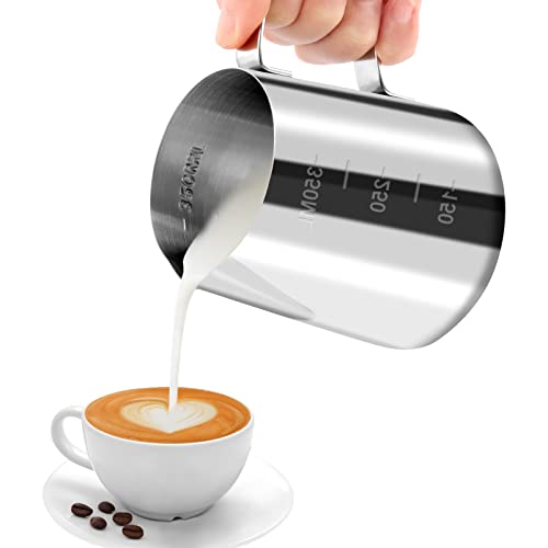 JOPHEK Melkkannetje, handheld roestvrij stalen opschuimkanje, koffiecrème, melkopschuimer, mok met meetmarkering, melkkannetje, perfect voor barista, cappuccino, espresso latte, 350 ml
