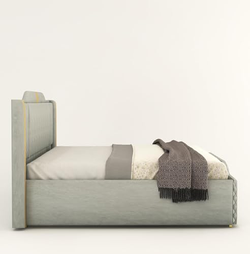 Image of Modern Upholstered King Size Bed with Storage | Double Bed with Box Storage & Upholstery Premium Fabric Headboard | Platform Bed for Bedroom & Hotel | Sheesham Wood, Grey, 6.5 x 6 Ft