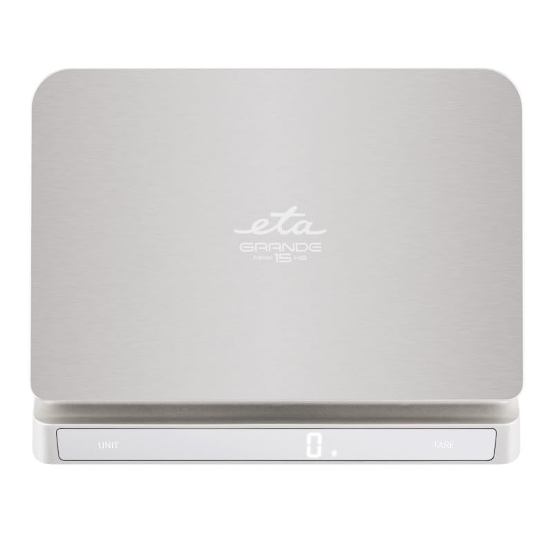ETA Grande digitale Küchenwaage I 15kg I Grammwaage mit 1g Teilung I Edelstahl Feinwaage mit Tara-Funktion I Haushaltswaage mit LED-Display & Touch-Bedienung I Backwaage inkl. Batterien