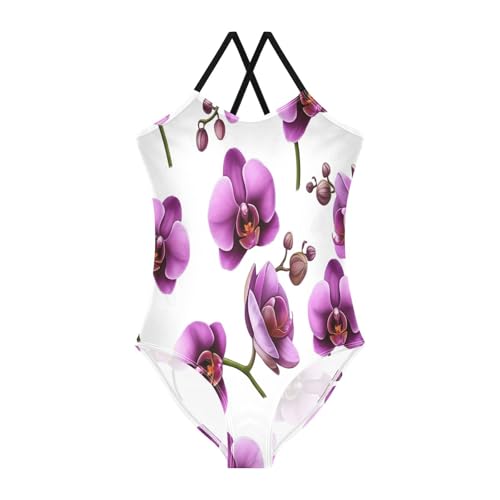 Girl Bathing Suits Beach Bathing Suits Girls 3-10 Y with Adjustable Shoulder Strap, Purple Orchid Flowers White