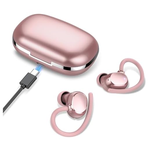 Auriculares Inalámbricos Deportivos, Auriculares Bluetooth 5.3 con 4 HD Mic, HiFi Estéreo Cascos Inalambricos, Auriculares in Ear Running con Gancho, 80H/LED Reducción de Ruido Cascos, Oro Rosa