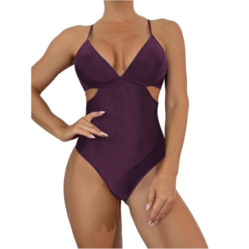 1 Piece Bathing Suits for Women Plus Size V Neck Crossback Cut Out Vacation White Swimsuit Men Fashion High Cut Cute One Piece Swimsuit for Women Tummy Control Athletic Outfits Wine XL