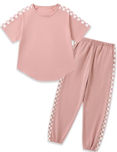 Auiopila Girls Clothes Outfits Set Checkerboard 2PC Tracksuit Short Sleeve Raglan Tee and Joggers Pants for 4-16Y