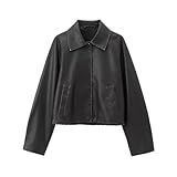 Damen Vintage Revers Cropped Lederjacke, Schwarz , M