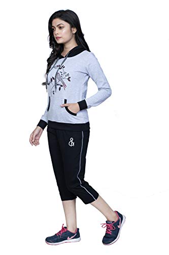 Image of Women's Embroidered /Printed Cotton Hooded Full Sleeve Grey Top and Black Capri Set (Medium)