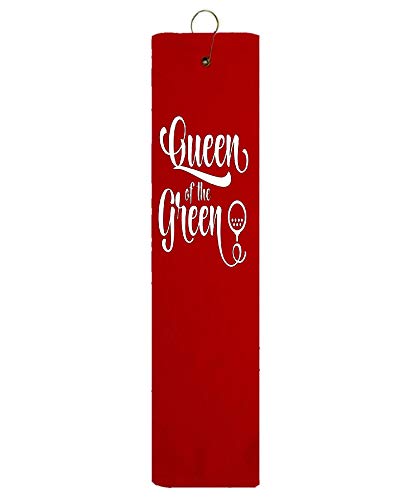 Queen of The Green Girl Woman Tri-fold Golf Towel with Grommet & Hook Club Ball Tee Golfing Gift Birthday Red Towel White Vinyl