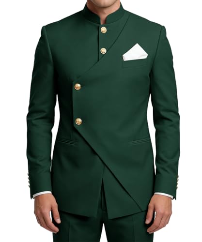 Wrycay Chinese Tunic Suit for Men 2 Piece Slim Fit Suit,Dark Green,S