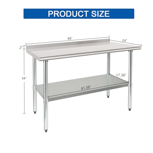 Image of HARDURA Stainless Steel Table Prep & Work Table 24 x 48 Inches NSF Heavy Duty Commercial with Undershelf and Backsplash for Restaurant Kitchen Home and Hotel