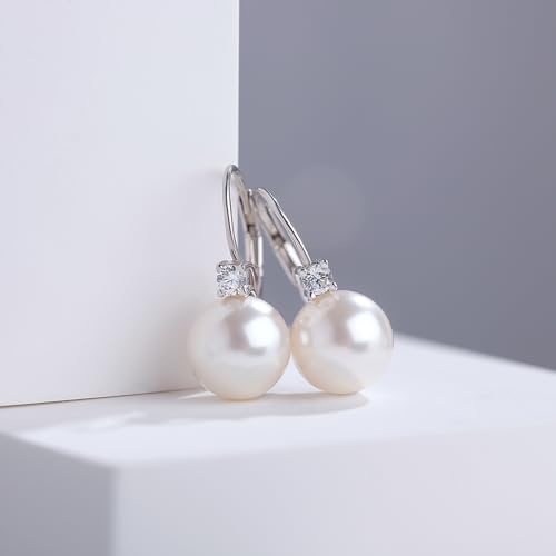 925 Sterling Silver Pearl Leverback Earrings for Women 5A+ Cubic Zirconia Diamond Simulated Pearl Jewelry 10MM4