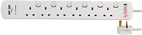 Surge Protected Extension Trailing Lead - Black/White Multi Plug USB Power Cable 1m 6 Gang 2 USB Surge, Black