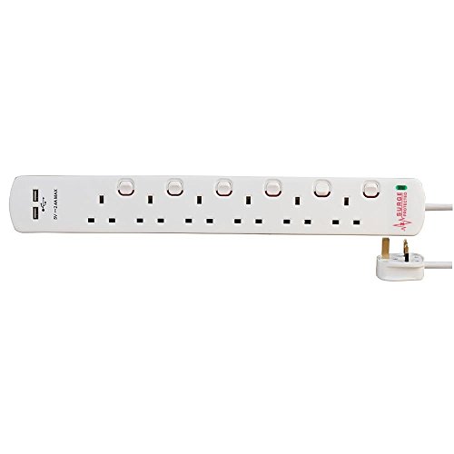Surge Protected Extension Trailing Lead - Black/White Multi Plug USB Power Cable 2m 6 Gang Switched 2 USB Surge, White