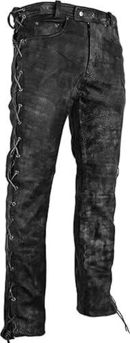 ZM ATTIR Men's Distressed Leather Pants Side Lace Up Waxed Jeans | Men's Leather Pants