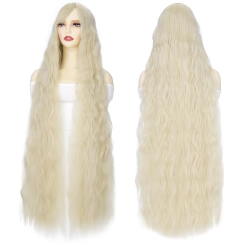 Image of Rose bud Rapunzel Wigs Long Wavy Curly Wig with Fringe Blonde Wigs for Women Cosplay Costume Synthetic 39 inch Lolita Wig