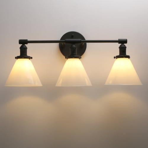 Image of Vintage Industrial 3-Light Bathroom Vanity Light with Milk Glass lampshade - Antique Brass Wall Sconce for Over Mirror, E26 Socket, Hardwired Installation