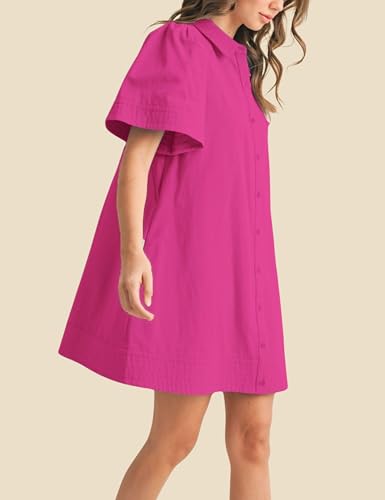 Image of Womens Short Sleeve Button Down Mini Shirt Dress Lapel Collar Short Dresses with Pocket